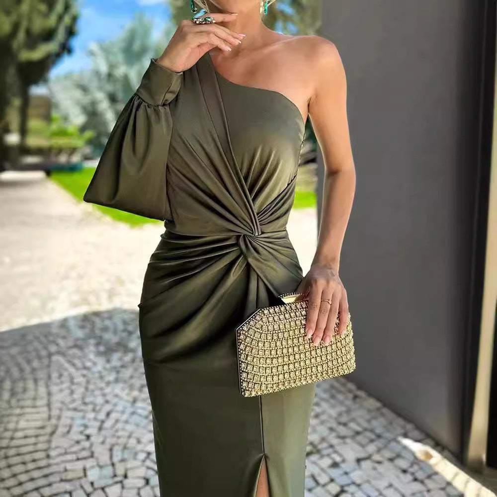 Women's diagonal shoulder knot split army green slim fit dress with long sleeve and bow detail