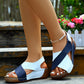 Summer wedges sandals for women with colorblock cross-strap design and thick sole, casual Roman style in navy and white
