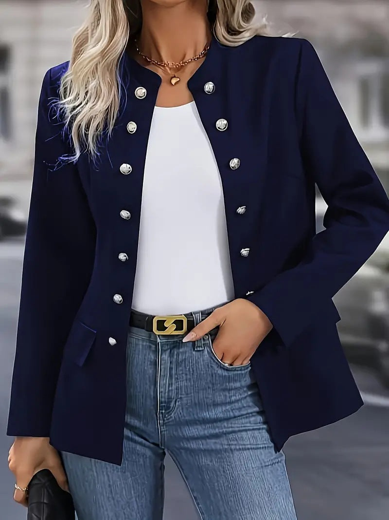 Women's winter fashion navy stand collar double breasted polyester cardigan jacket
