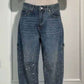 Women's shiny straight jeans with pockets, loose wide-leg, high waist, casual street-style trousers