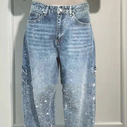 Ins shiny straight jeans for women with pockets, loose wide-leg fit, and street-style design.