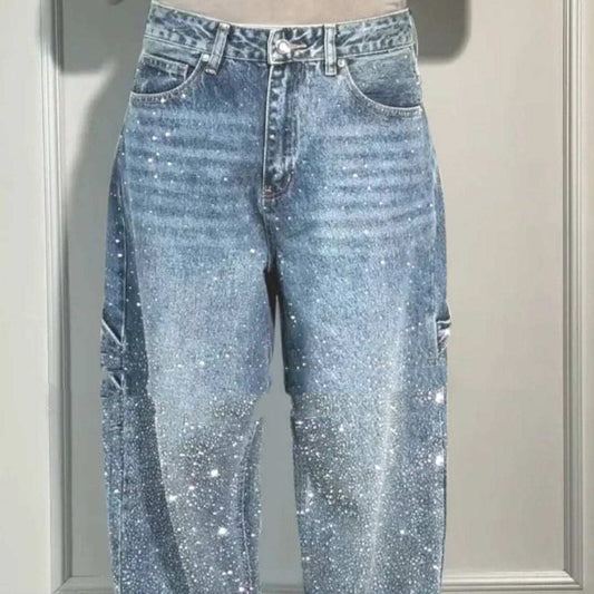 Ins shiny straight jeans for women with pockets, loose wide-leg fit, and street-style design.