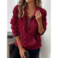 Women's plush sweater in wine red with contrast color half-open collar and long sleeves