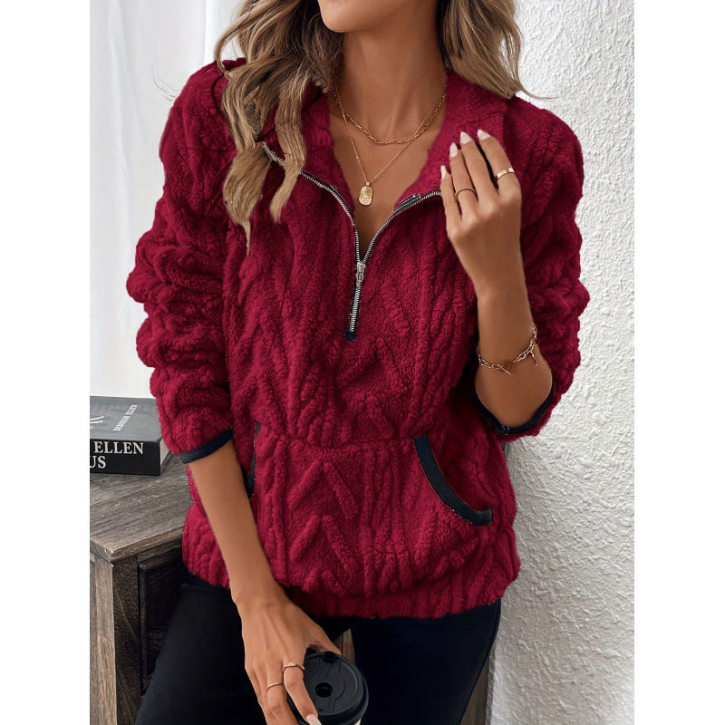 Women's plush sweater in wine red with contrast color half-open collar and long sleeves