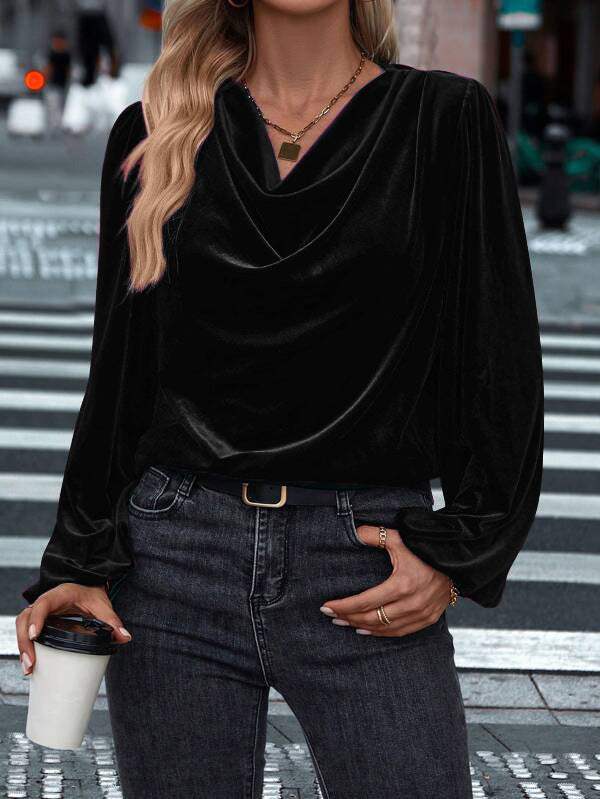 Women's pile collar long sleeve black top with loose fit and regular sleeves