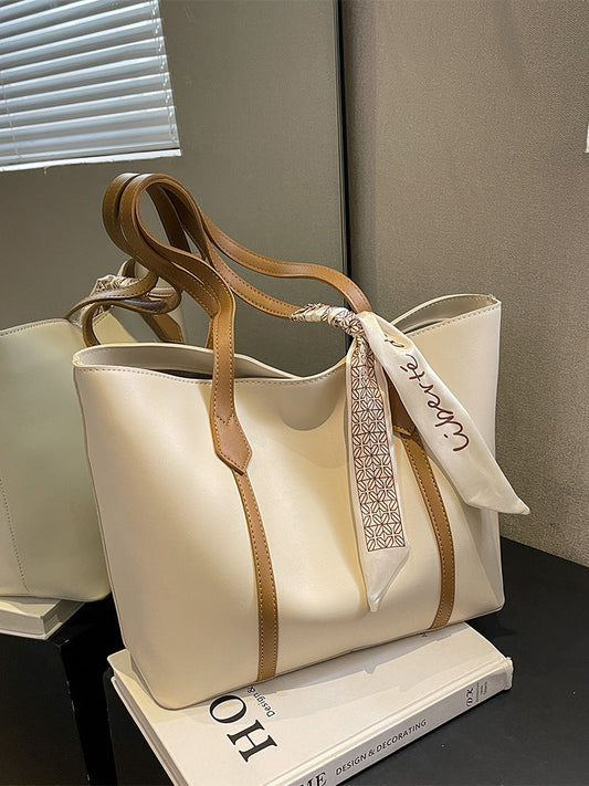 New and simple large capacity tote bag with brown handles and decorative scarf, versatile casual shoulder bag