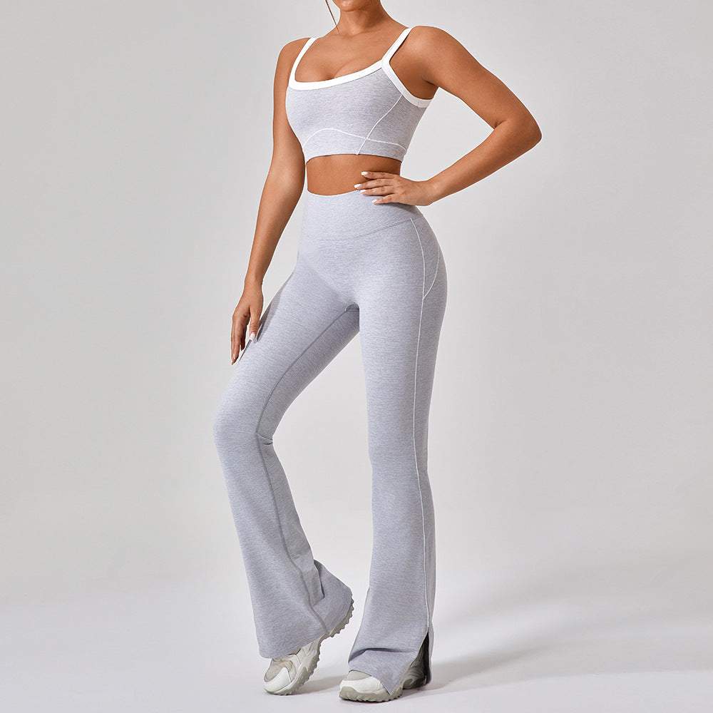 Outdoor sports yoga suit for women with spaghetti strap top and fitted contrast color fitness pants