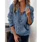 Women's plush sweater with contrast color half-open collar in blue, long sleeves, and polyester fiber fabric