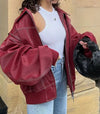 Loose fashion lapel zip-up wine red biker leather jacket for women with long princess sleeves and zipper closure