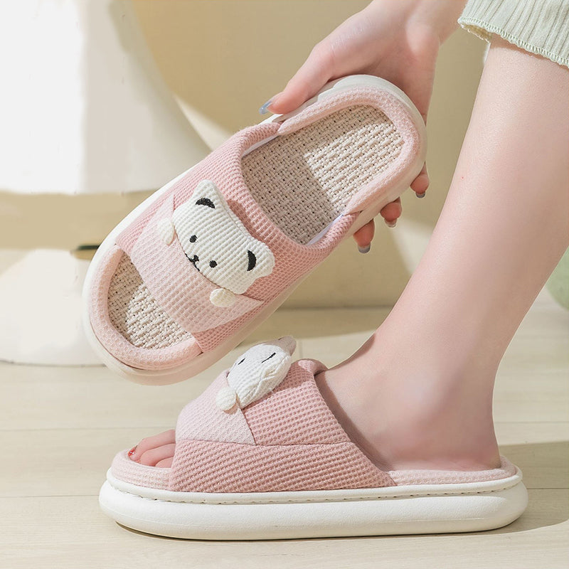 Pink cute cartoon bear slippers with thick sole and open toe design for women