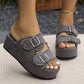 Women's denim buckle wedges sandals with thick high heel platform and dual buckle straps
