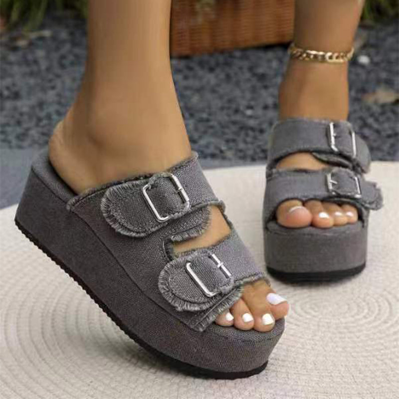 Women's denim buckle wedges sandals with thick high heel platform and dual buckle straps