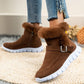 Brown suede snow boots winter with plush ankle, buckle design, white rubber sole, and side zipper closure for women