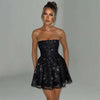 Black tube top lace dress with sparkly mesh skirt and strapless neckline summer fashion