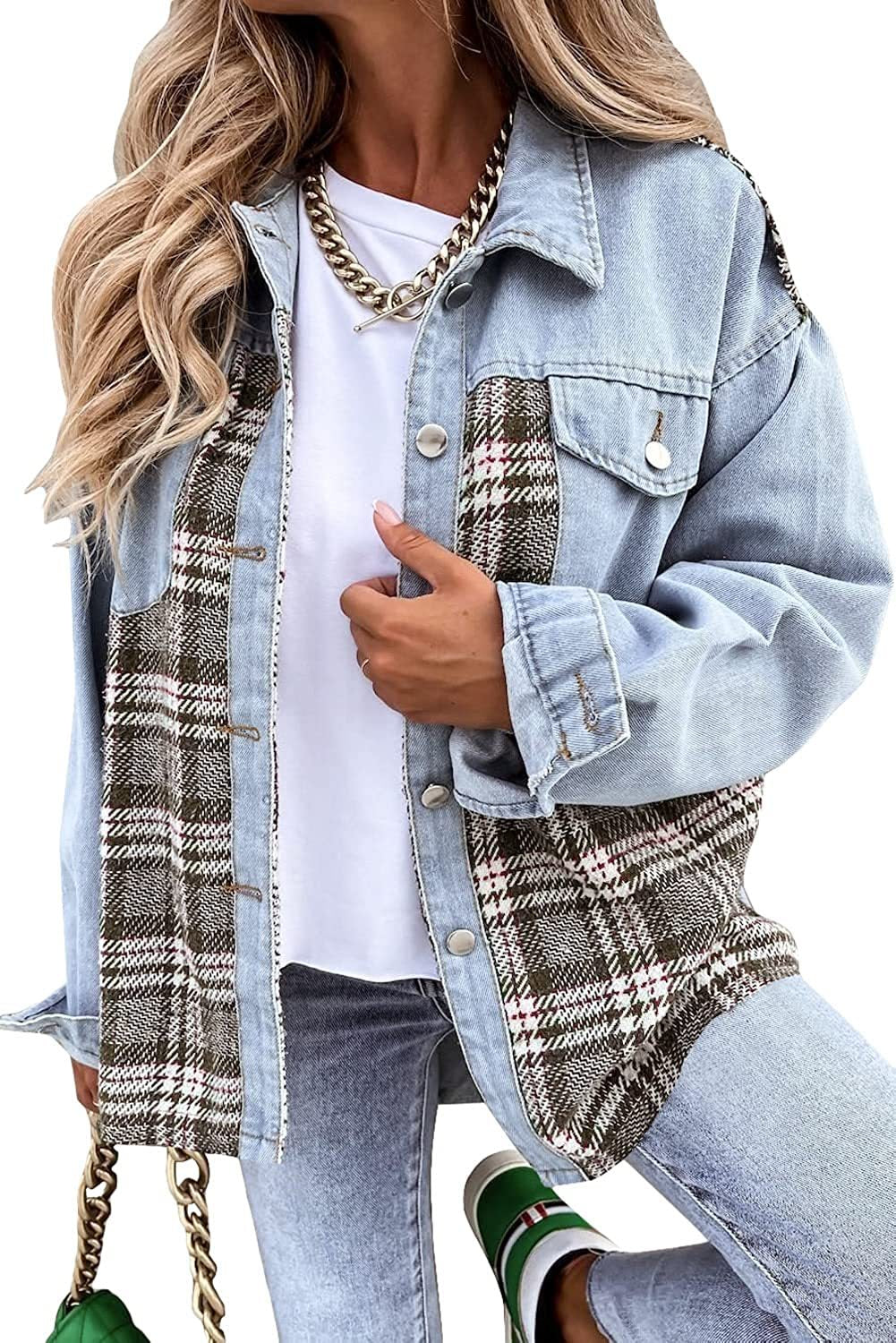 Denim jacket long sleeve with plaid patchwork design and lapel collar in light blue cotton fabric