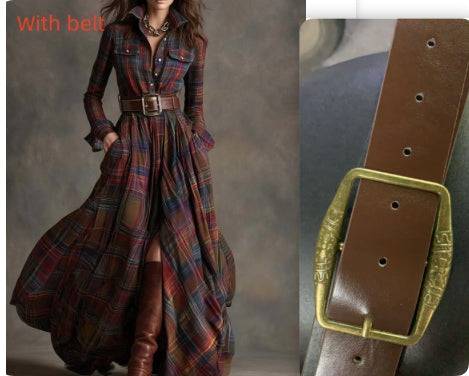 Large size women's French retro plaid slim irregular dress with belt and mid waist design