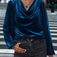 Women's pile collar long sleeve velvet top in navy blue, loose fit pullover style