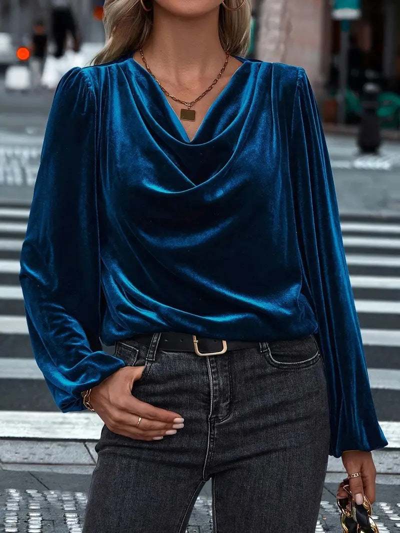 Women's pile collar long sleeve velvet top in navy blue, loose fit pullover style