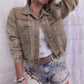 Khaki women's denim jacket with decorative rivets and long sleeves, styled for commuting and casual wear
