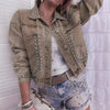 Khaki women's denim jacket with decorative rivets on pockets and collar, regular long sleeves, and polyester fabric.
