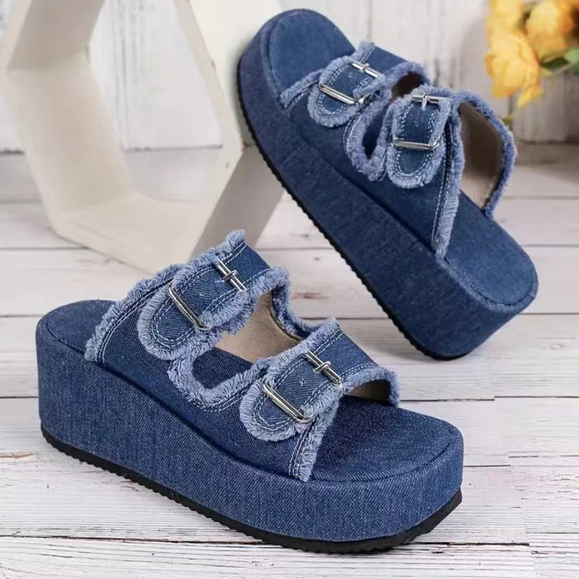 Women’s denim buckle wedges with thick foam soles and double buckle straps