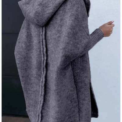 Oversized gray bat sleeve hooded cardigan sweater for women