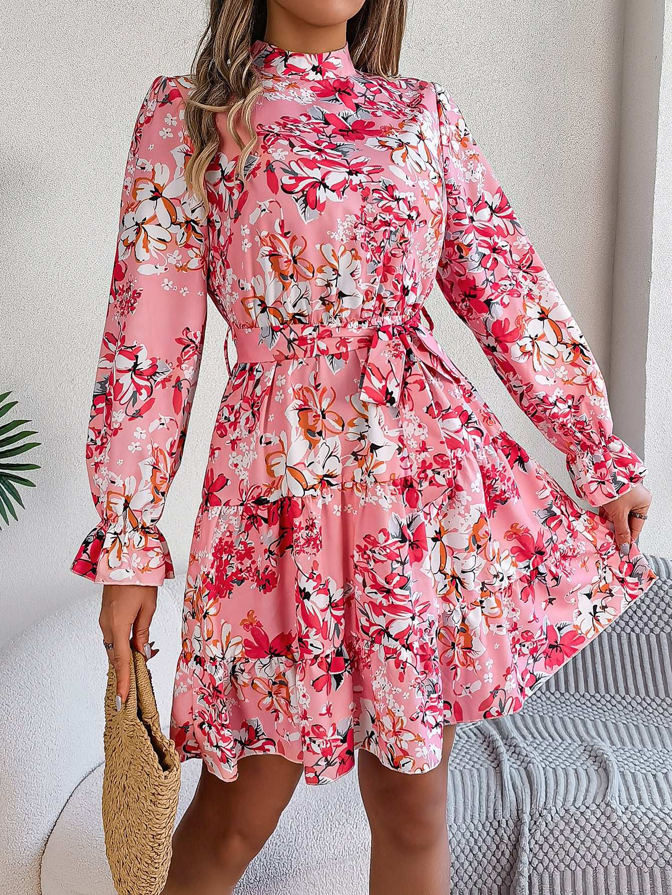 Standing collar floral print pink dress with long sleeves and ruffled A-line skirt