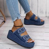 women's denim buckle wedges sandals with thick platform and double buckle straps