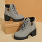 Plus size gray chunky heel Martin boots with lace-up front and thick platform soles on tan box
