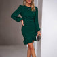 Elegant green women's puff long sleeve slim hip-covering short dress with ruffle hem