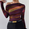 Women’s print long sleeve asymmetrical crop top with ruched design and tie dye pattern