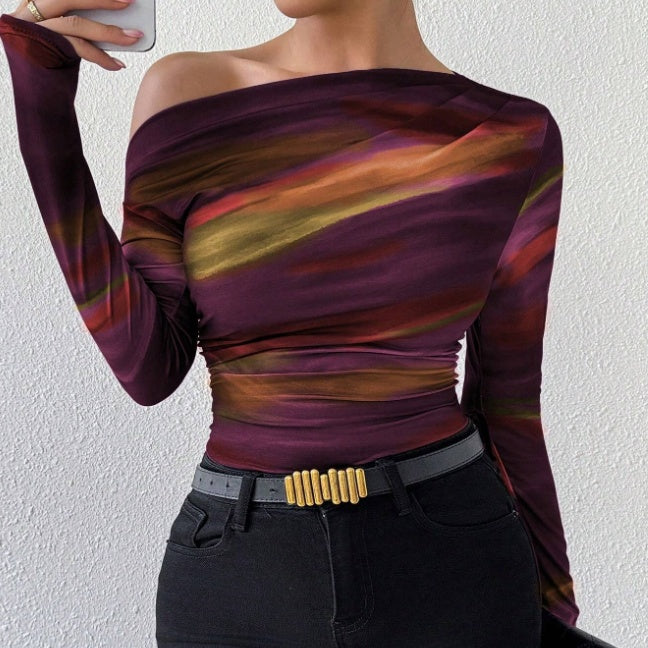 Women’s print long sleeve asymmetrical crop top with ruched design and tie dye pattern