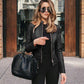 Black women's leather PU jacket with zipper and stitching, urban casual style autumn and winter fashion