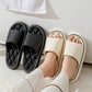 Non-slip design bathroom slippers with thick sole for home and summer use, available in black and beige.