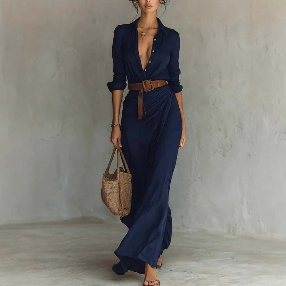 Elegant navy blue irregular long dress with belt and button lapel, long sleeves, perfect for office and daily wear