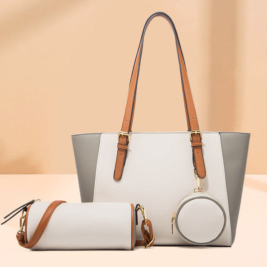 Large capacity three-in-one Saffiano bag set in white and brown with double straps and bucket shape design