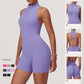 Women's fitness yoga jumpsuit in purple sleeveless backless design with front zipper and shorts