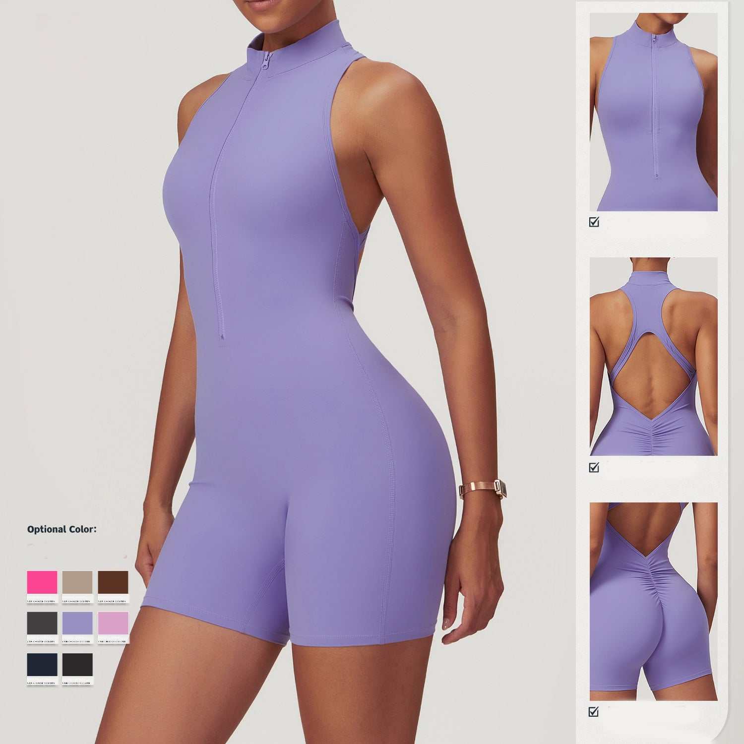Women's fitness yoga jumpsuit in purple sleeveless backless design with front zipper and shorts