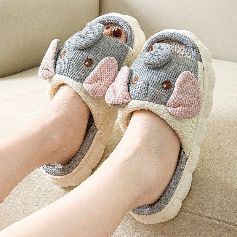Couples open toe animal linen slippers in elephant gray with cushioned EVA sole