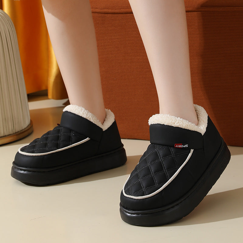 Black winter plush cotton shoes with thick rubber soles and white soft lining for women indoor and outdoor use