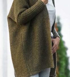 Oversized khaki bat sleeve hooded cardigan sweater for women