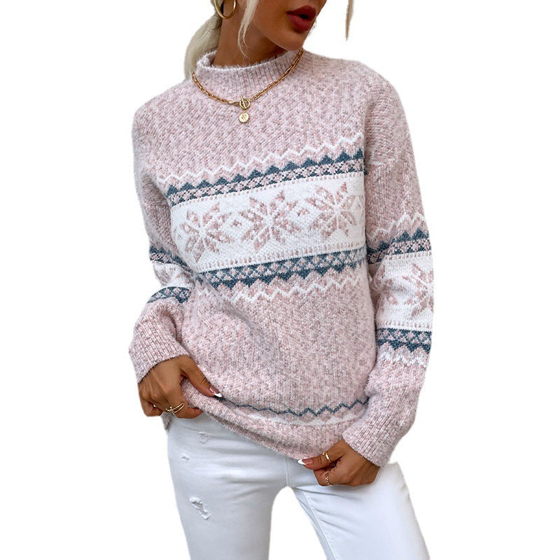 Women's winter snowflake sweater half turtleneck knitted pullover in pink with jacquard design
