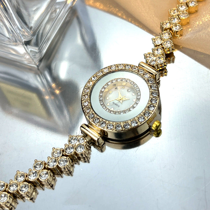 diamond-encrusted glass rhinestone women's gold quartz watch with bracelet band