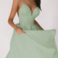 Sexy V-neck suspender A-line summer dress for women in light green polyester fabric
