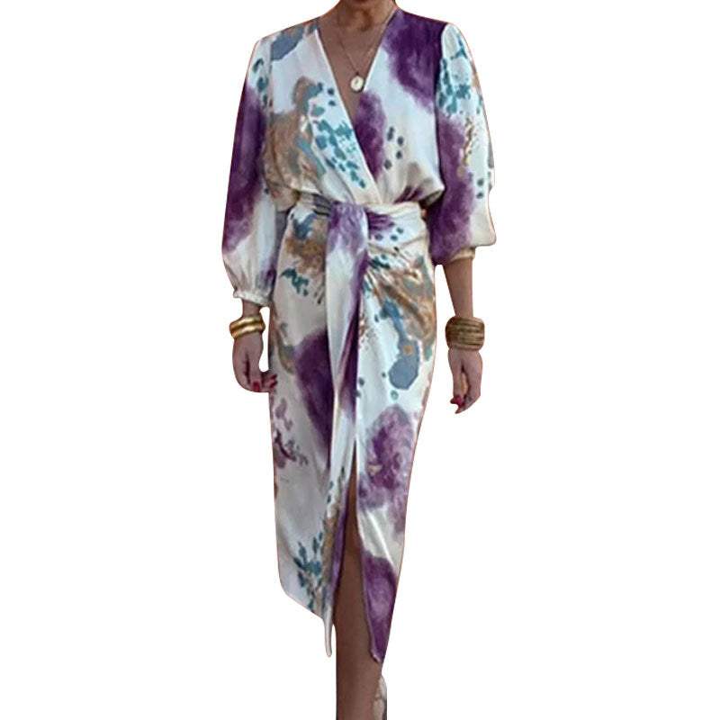 Chic V-neck long sleeve slit midi dress two-piece suit with abstract print and polyester fabric