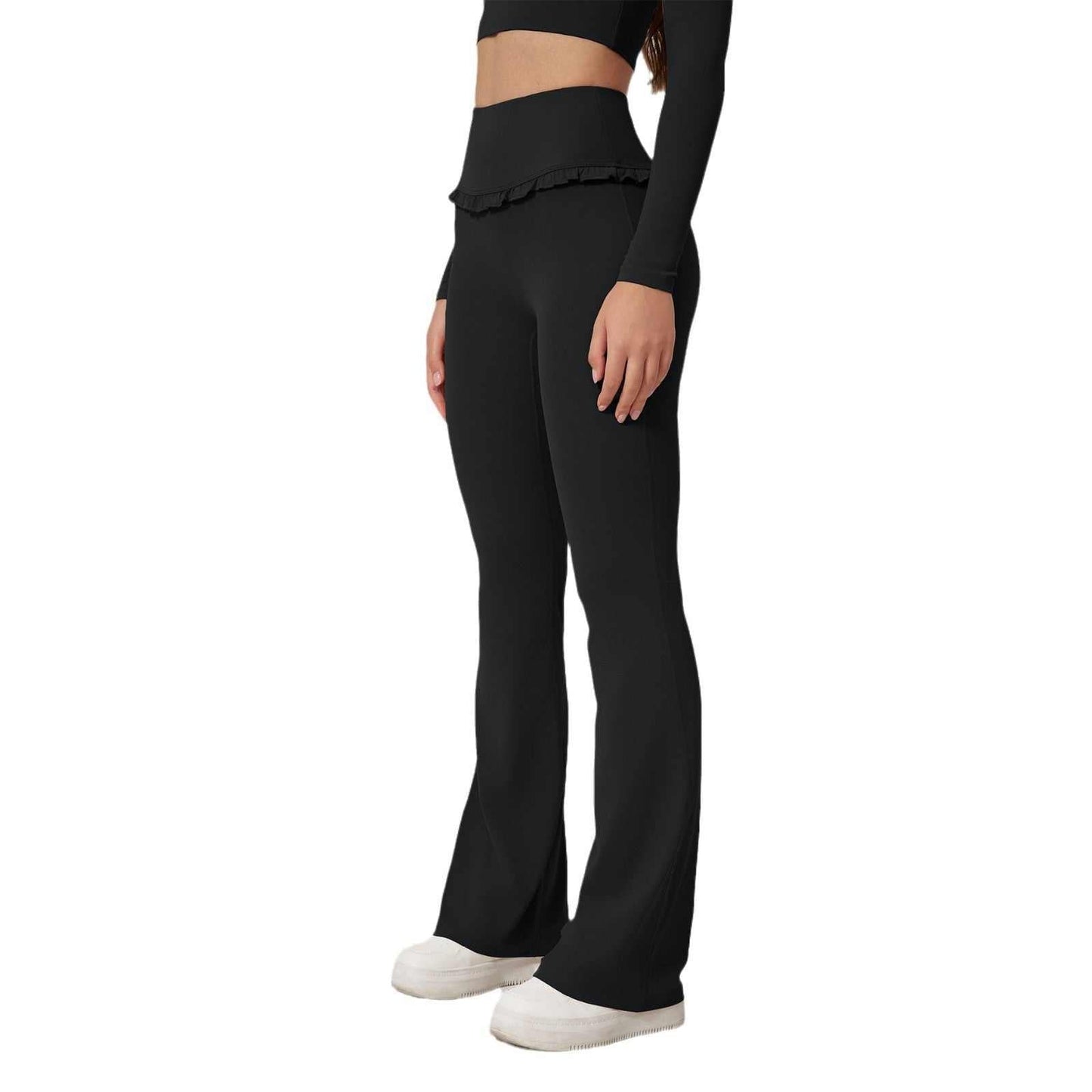 High waist hip lift black yoga pants with flared legs and ruffle detail