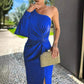 Women's diagonal shoulder knot split solid color slim fit blue dress with long sleeve and side slit