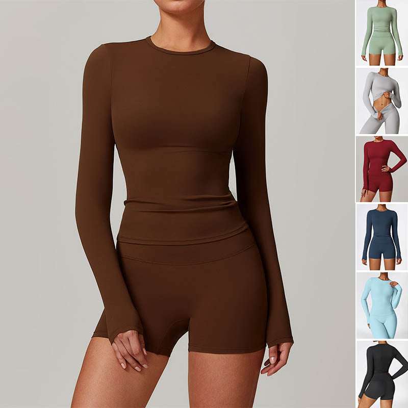 Women's slim long sleeve pullover top in brown, fitted moisture-wicking yoga and fitness wear