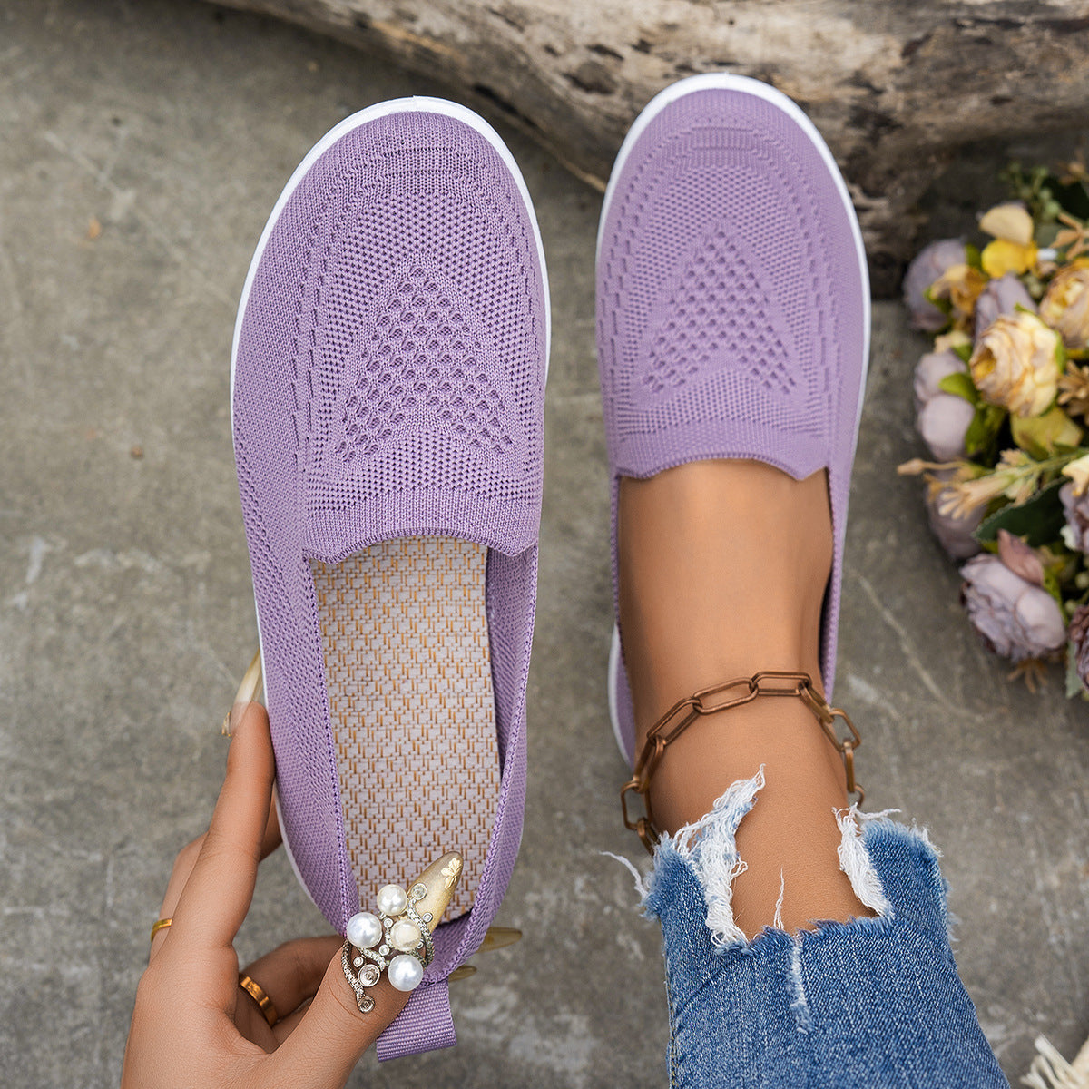 Purple women's mesh summer shoes with flat heel and casual design