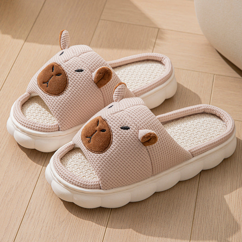 Open toe couple indoor non-slip linen slippers with bear design